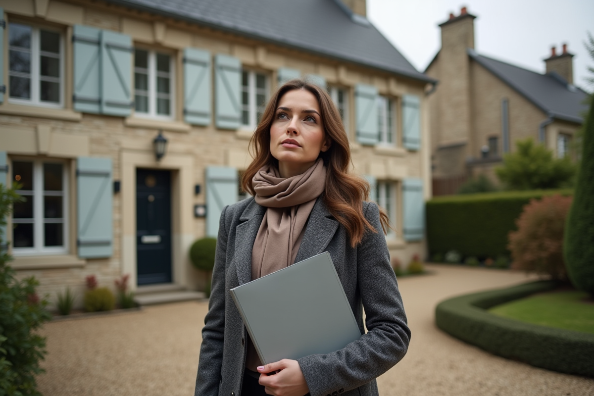 Femme observant une maison de village française
