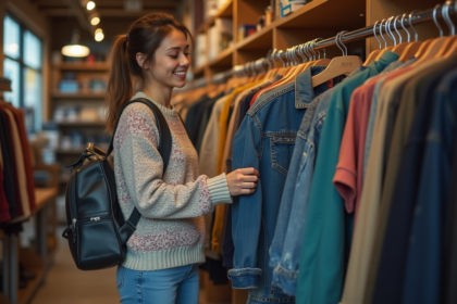 Femme souriante regardant une veste en denim vintage dans une friperie