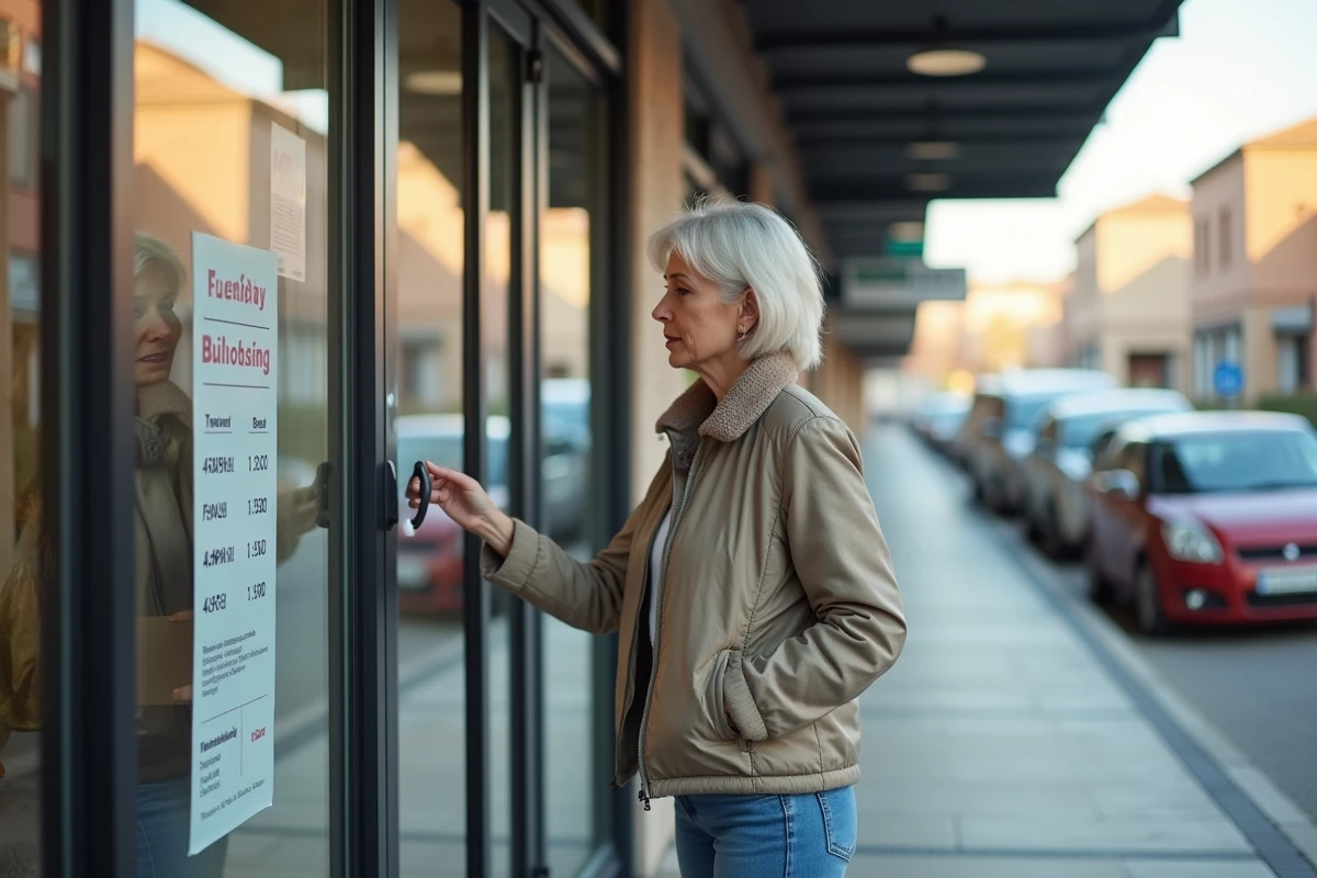 Femme regardant les horaires d'ouverture devant un magasin