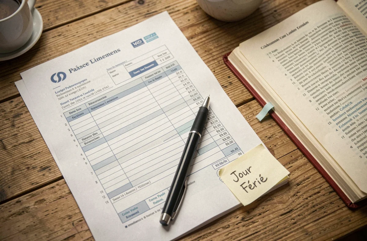 Fiche de paie française avec note autocollante jour férié, stylo et code du travail posés sur un bureau en bois