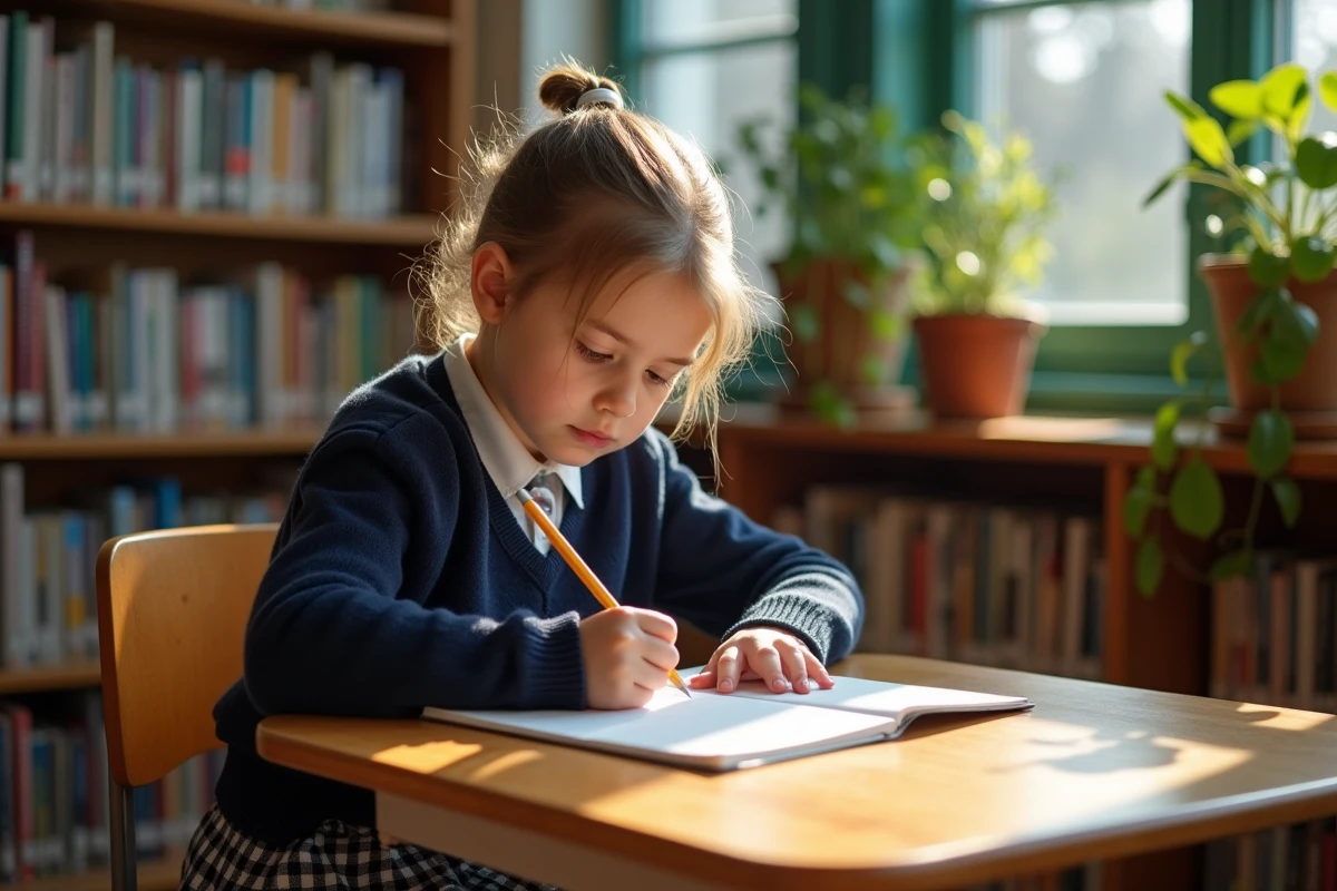 Jeune fille concentrée écrivant un poème dans un bureau