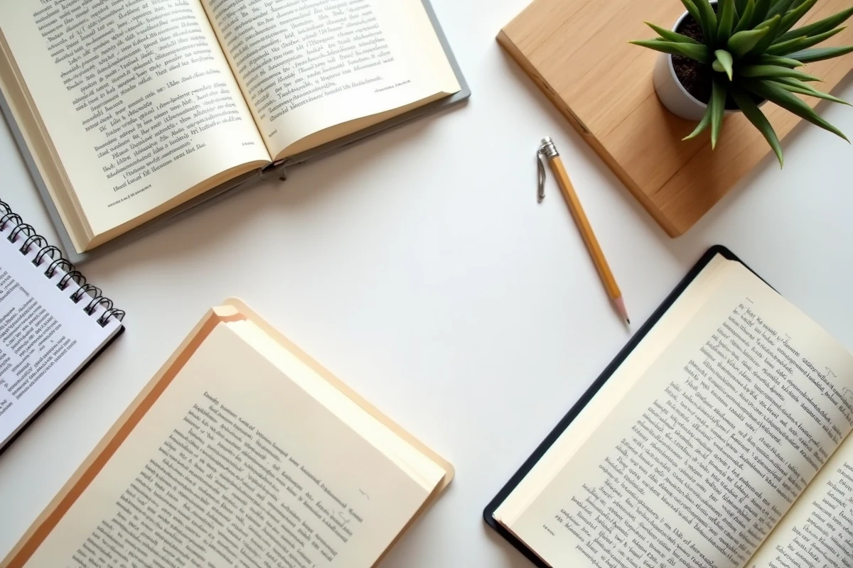 Vue aérienne de livres autoédités disposés en flat-lay montrant leurs codes ISBN avec des notes de catalogage