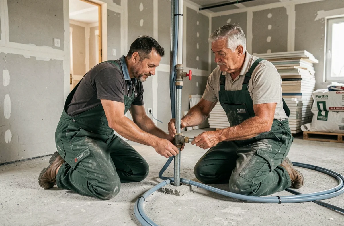 Deux plombiers de Fortin Guenee installant une plomberie neuve dans une maison en construction