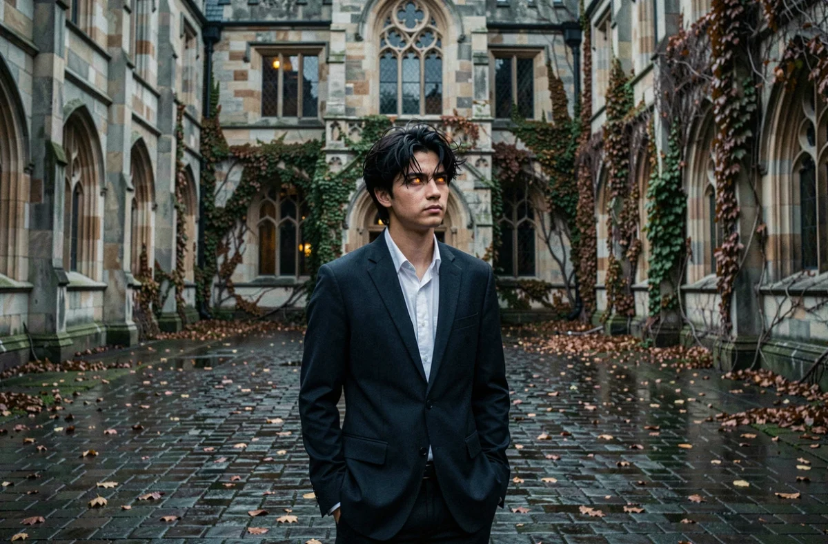 Jeune homme aux yeux ambres solitaire dans la cour en ruines d'une académie gothique au crépuscule, évoquant l'univers sombre et l'anti-héros complexe du manga