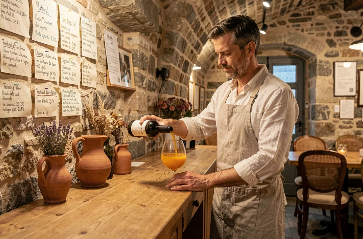 Serveur versant un vin nature orangé dans un verre au Galaxy Bar, cave à vins intimiste du 11e arrondissement