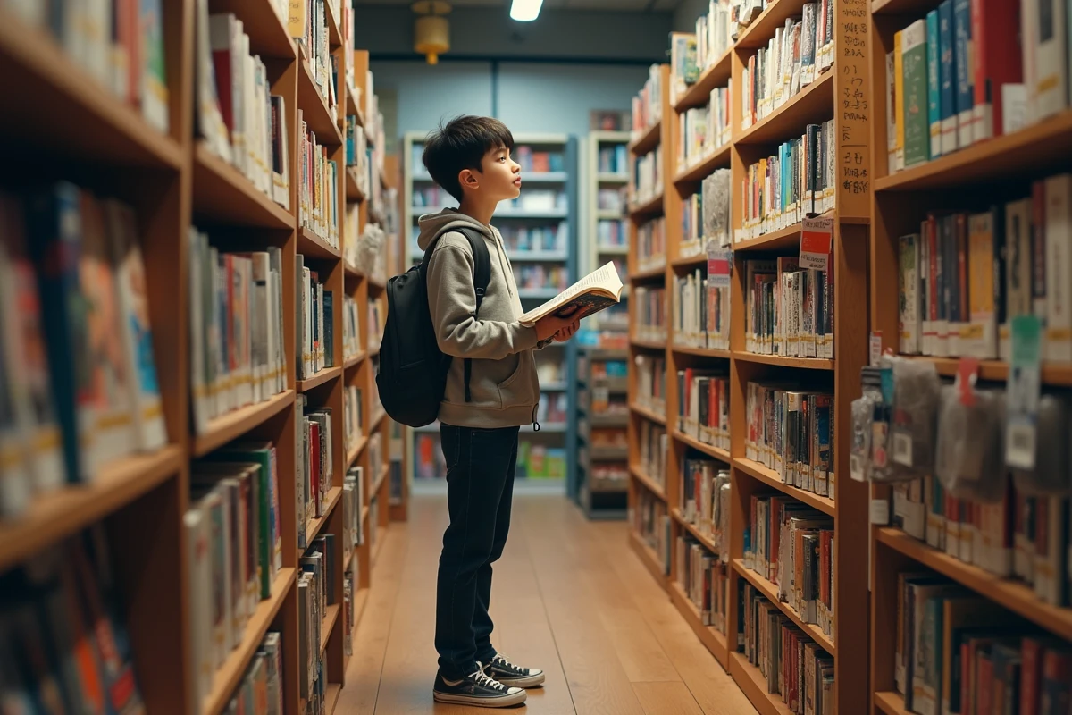 Adolescent feuilletant manga dans une librairie indépendante