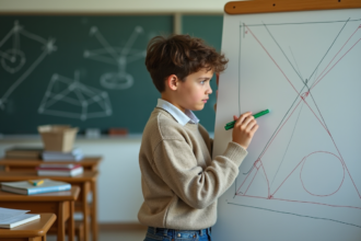 Jeune garçon en classe dessinant des triangles et lignes