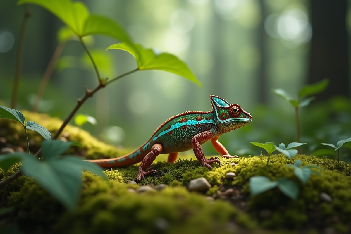 Gecko traversant sol forestier mousseux en pleine nature