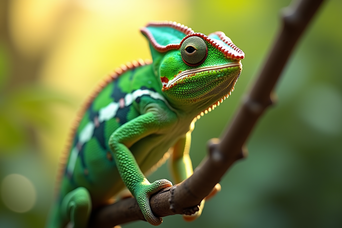 Gecko vert vibrant sur branche en plein soleil