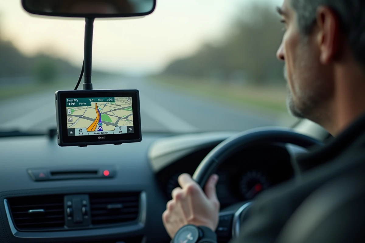 Appareil GPS monté sur tableau de bord affichant un itinéraire en temps réel dans une voiture