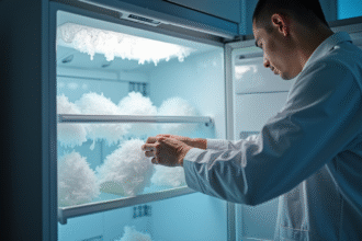 Personne ouvrant un congélateur givré en cuisine