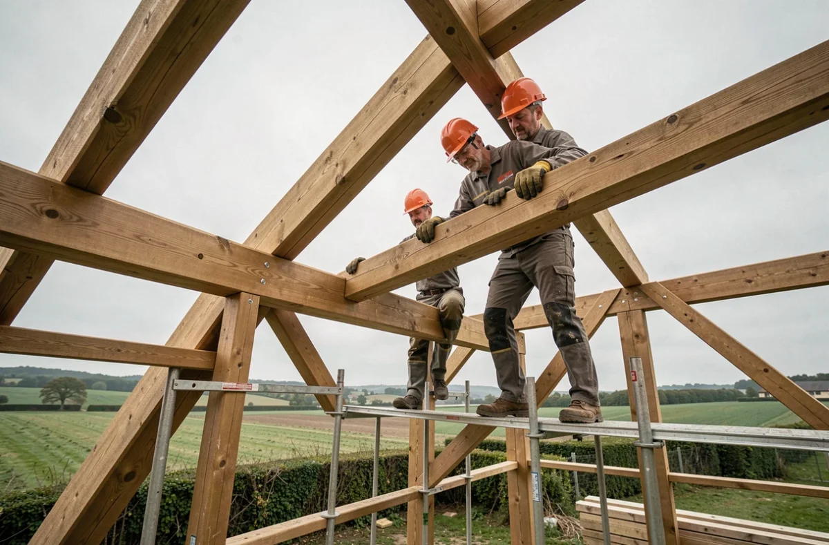 Équipe de SARL Grosjean Charpente Couverture posant une charpente en bois sur un bâtiment rénové
