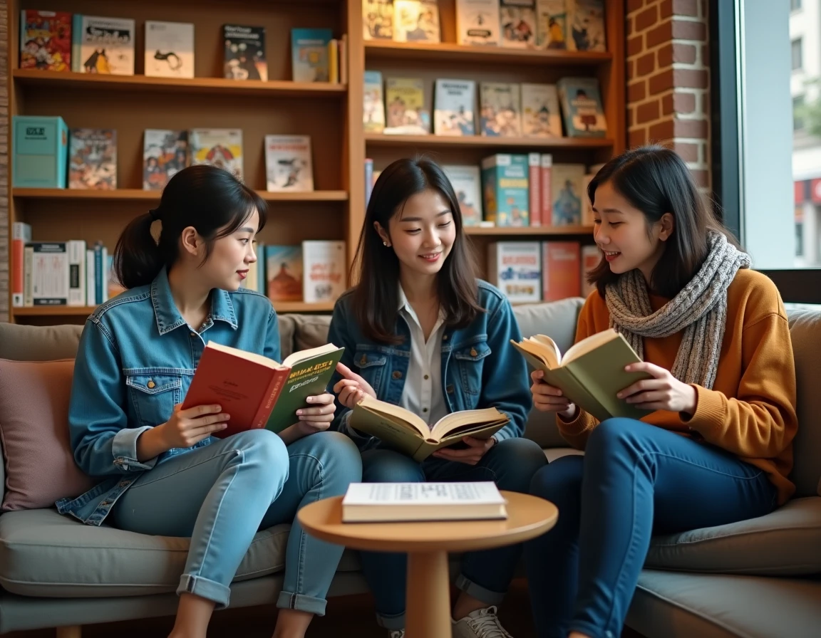 Groupe de jeunes adultes partageant leurs découvertes de manhwas dans une librairie indépendante cosy