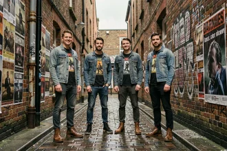 Groupe de rock indie britannique posant dans une ruelle de Londres avec affiches musicales et pavés mouillés