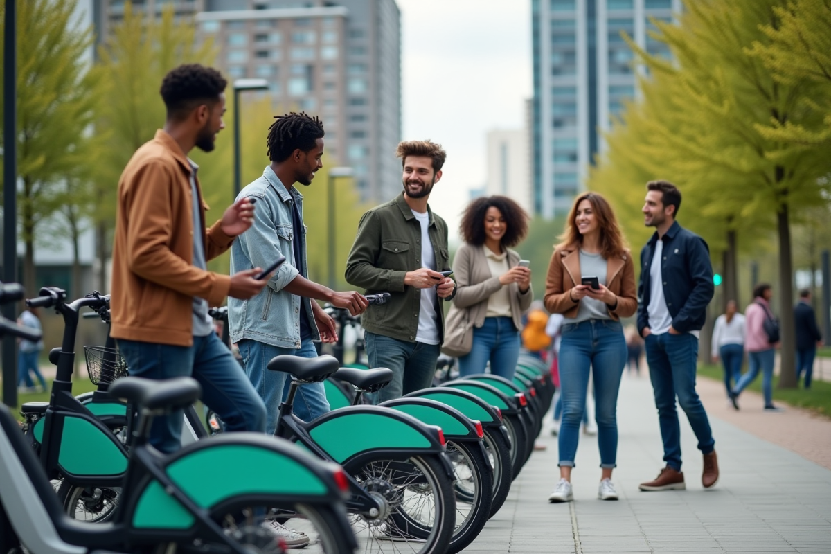 Jeunes adultes autour de vélos électriques en ville