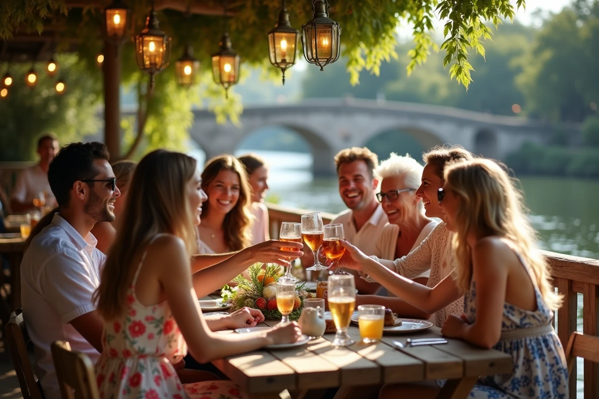Groupe d'amis riant à la guinguette au bord de l'eau