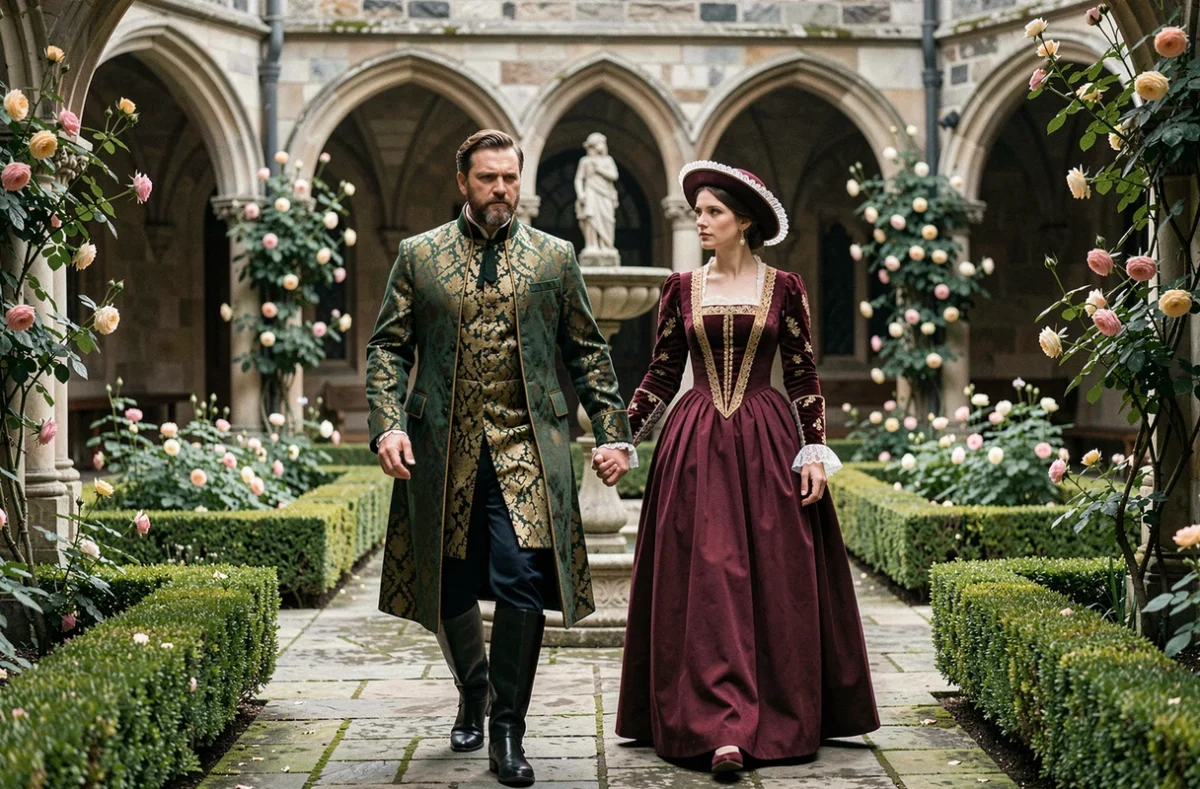 Un homme et une femme en costumes Tudor marchant dans un jardin en cloître historique avec une fontaine en pierre, évoquant la relation tendue entre Henri VIII et Anne Boleyn