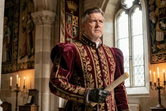 Portrait d'un homme en costume Tudor royal incarnant Henri VIII dans une grande salle médiévale en pierre, tenant un parchemin et regardant par une fenêtre gothique
