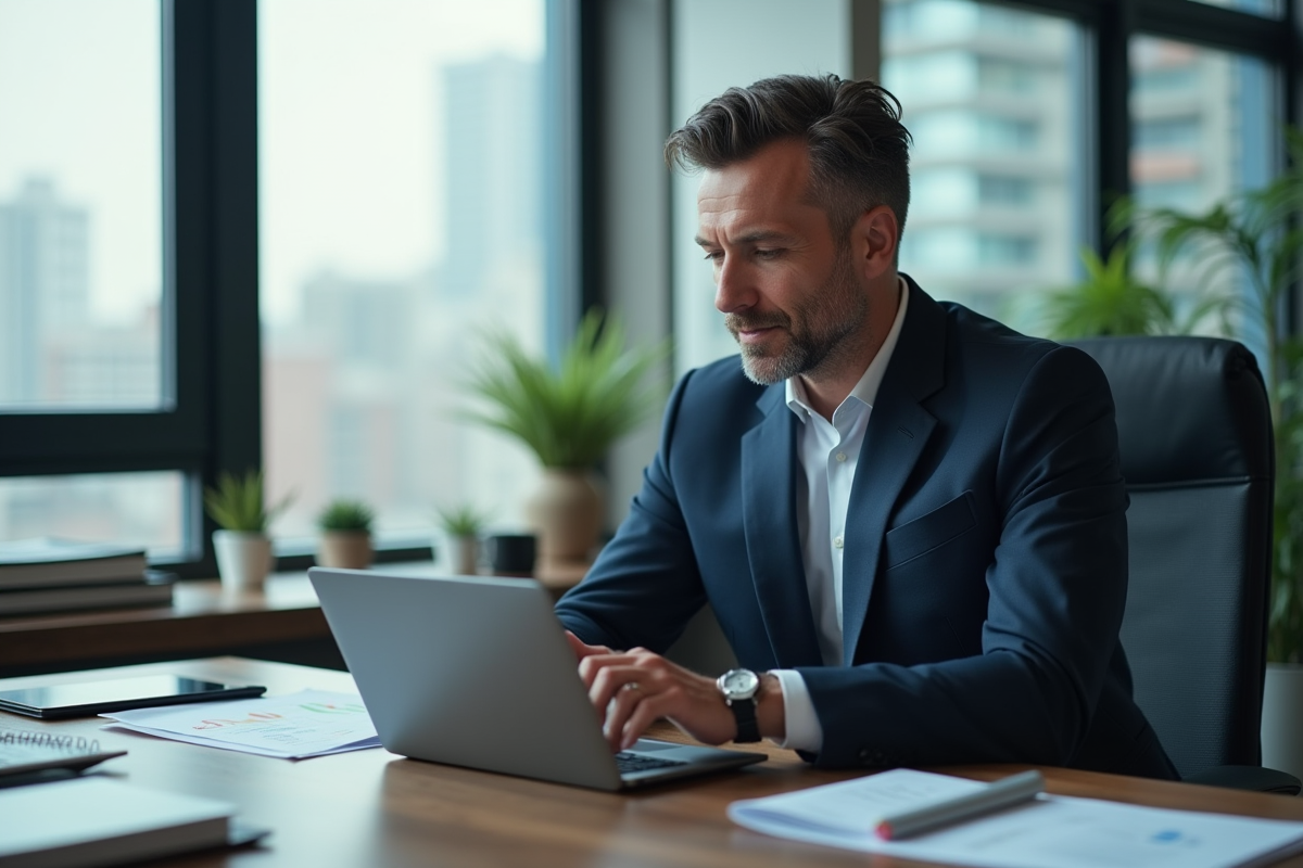 Homme d'affaires en costume bleu analysant des graphiques financiers