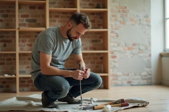 Homme assemblant seul une étagère en bois dans un appartement minimaliste, illustrant l'autonomie et l'action personnelle
