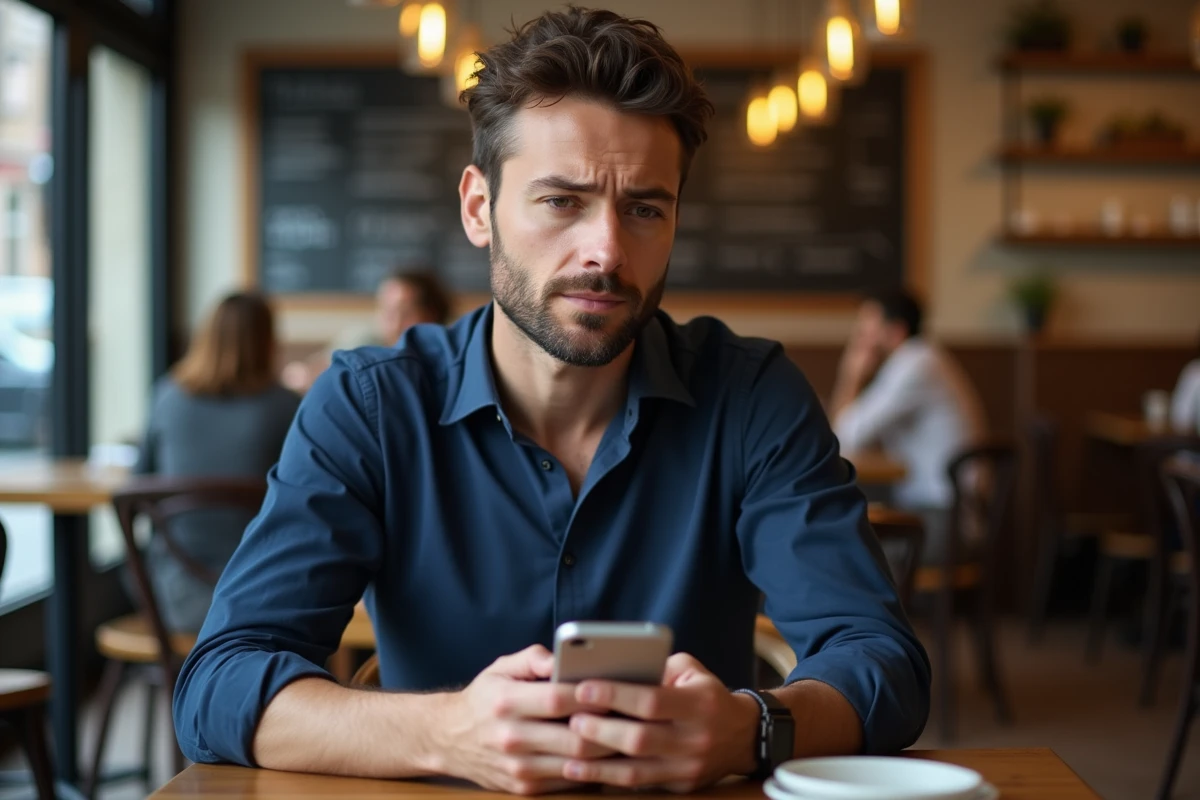 Homme dans un café hésitant sur l'orthographe d'un message, futur ou conditionnel en français