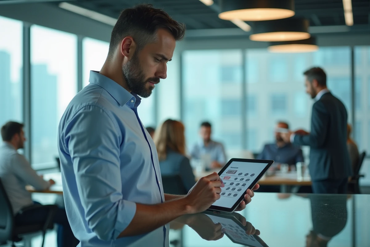 Homme d'affaires utilisant une application calculatrice entre deux dates sur une tablette dans un bureau moderne