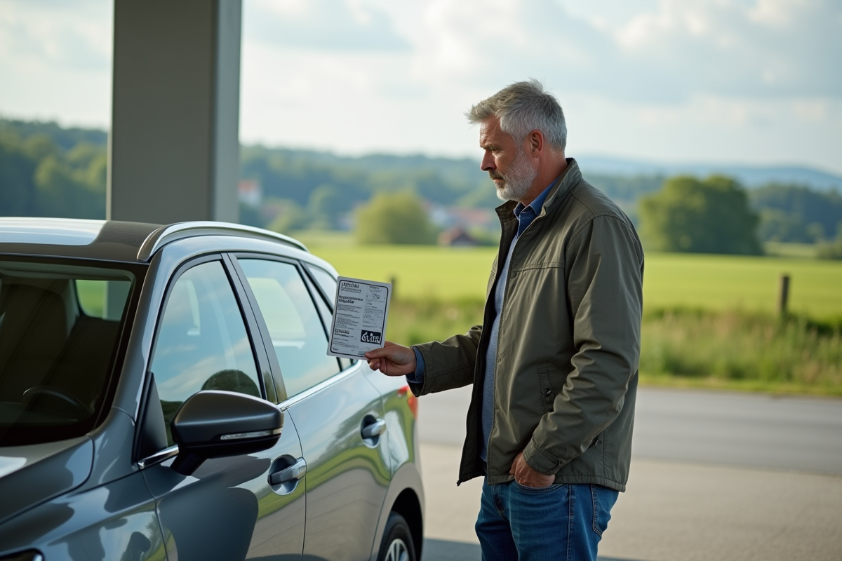 Homme regardant l'étiquette d'émission sur une voiture diesel moderne