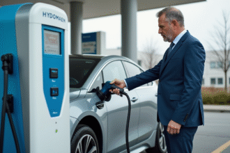 Homme en costume bleu faisant le plein d une voiture à hydrogène en ville