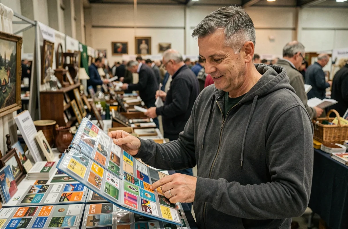 Homme feuilletant un classeur de cartes téléphoniques dans un marché aux puces avec des stands vintage en arrière-plan