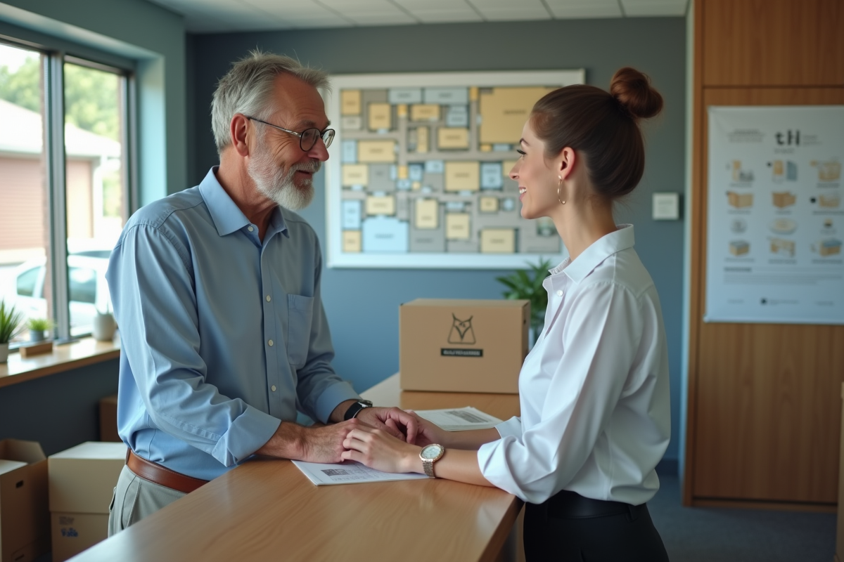 Homme discutant avec le personnel dans un espace de stockage intérieur