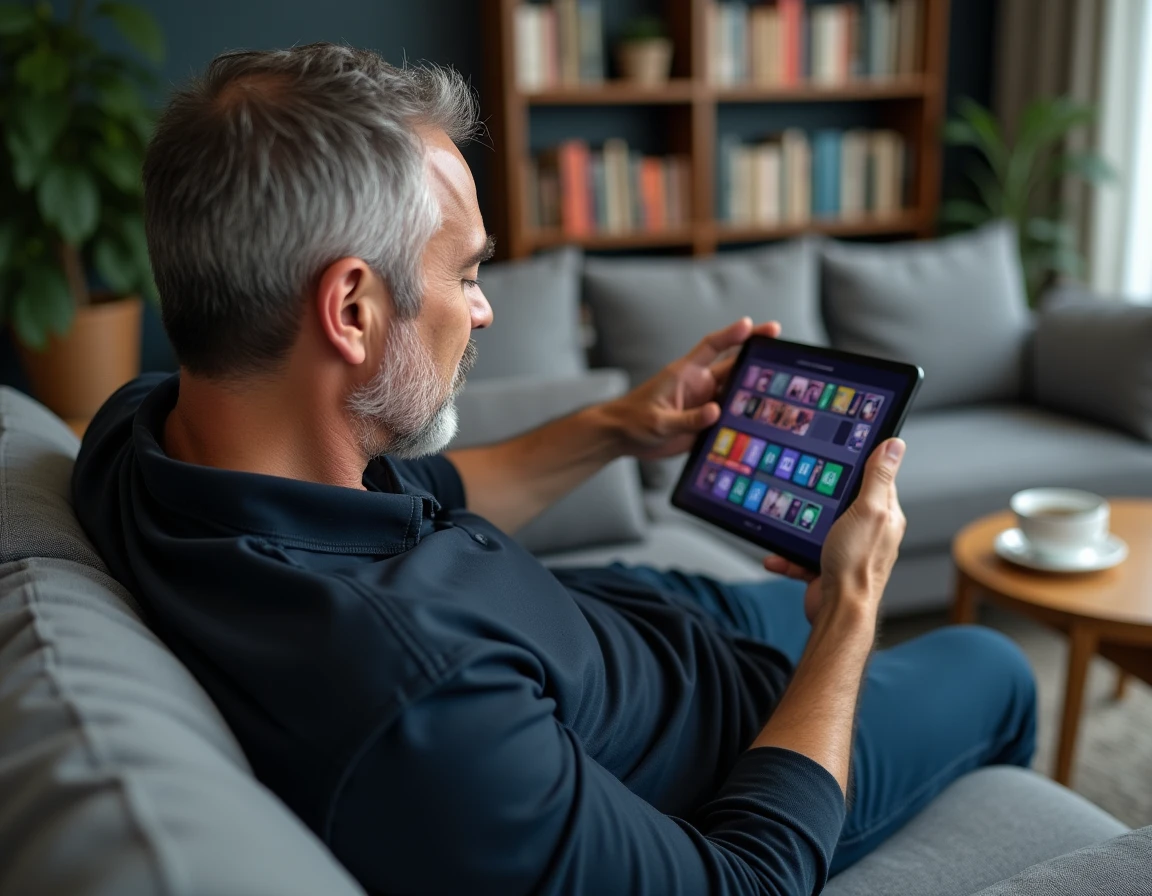 Homme adulte réfléchissant à la solution d'une énigme 4 Images 1 Mot à 9 lettres sur tablette