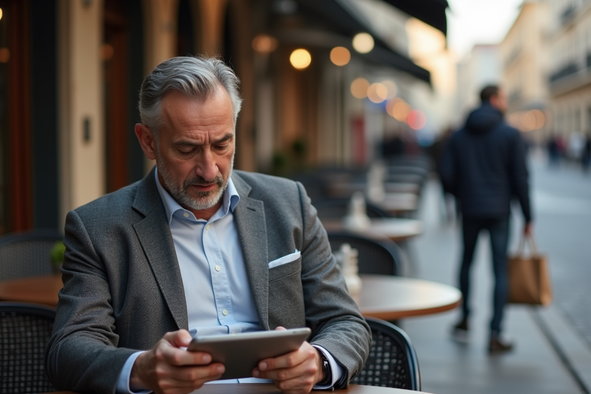 Homme étudiant des graphiques financiers au café