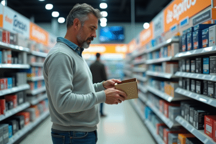 Homme français étudiant une boîte de cartouches d'encre en magasin