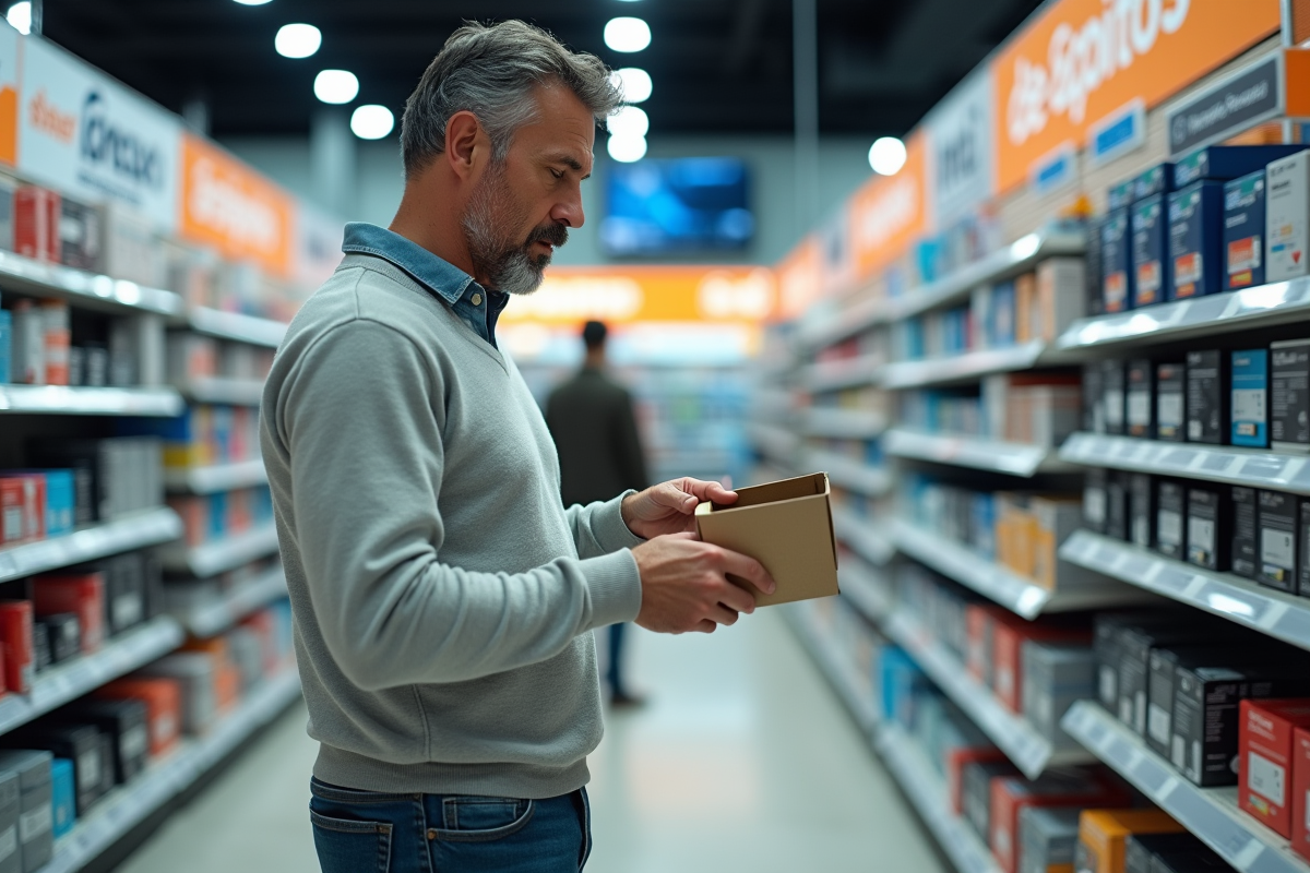 Homme français étudiant une boîte de cartouches d'encre en magasin
