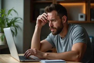 Homme frustré devant un message d'erreur sur son ordinateur portable, tentant d'accéder à une adresse web introuvable
