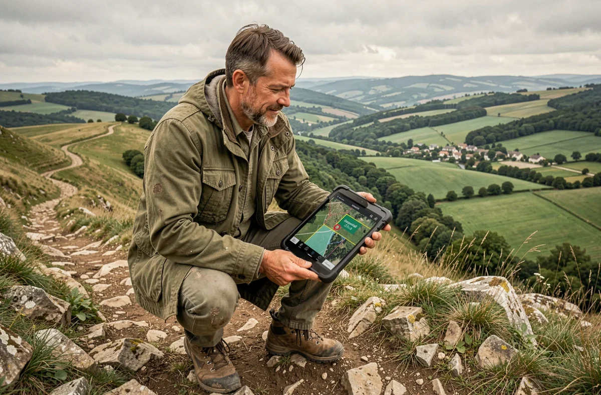 Homme consultant une carte Géoportail sur une tablette en pleine nature sur un sentier de randonnée en France rurale