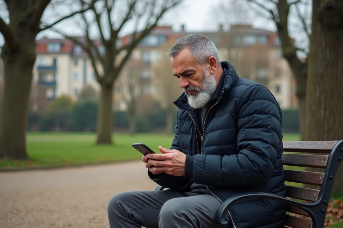 Homme consultant l'horaire de prière au Blanc-Mesnil sur son téléphone dans un parc public