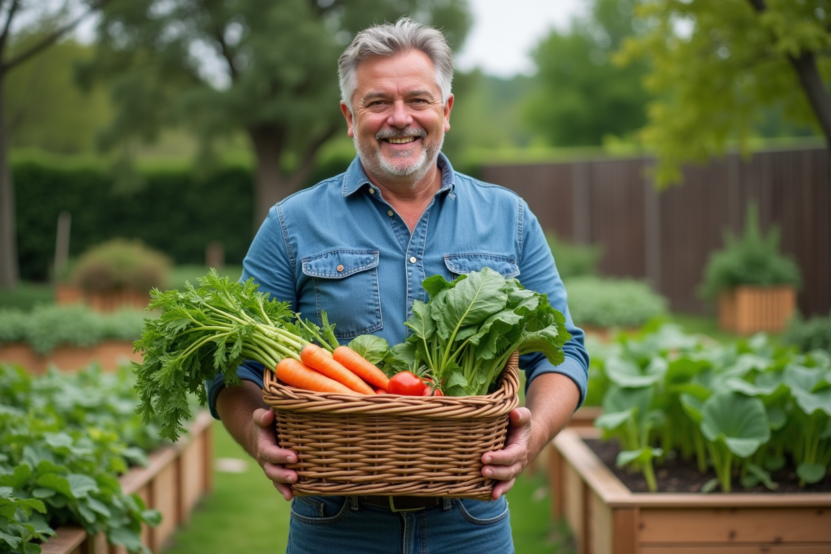 Homme souriant dans un jardin communautaire avec panier de légumes