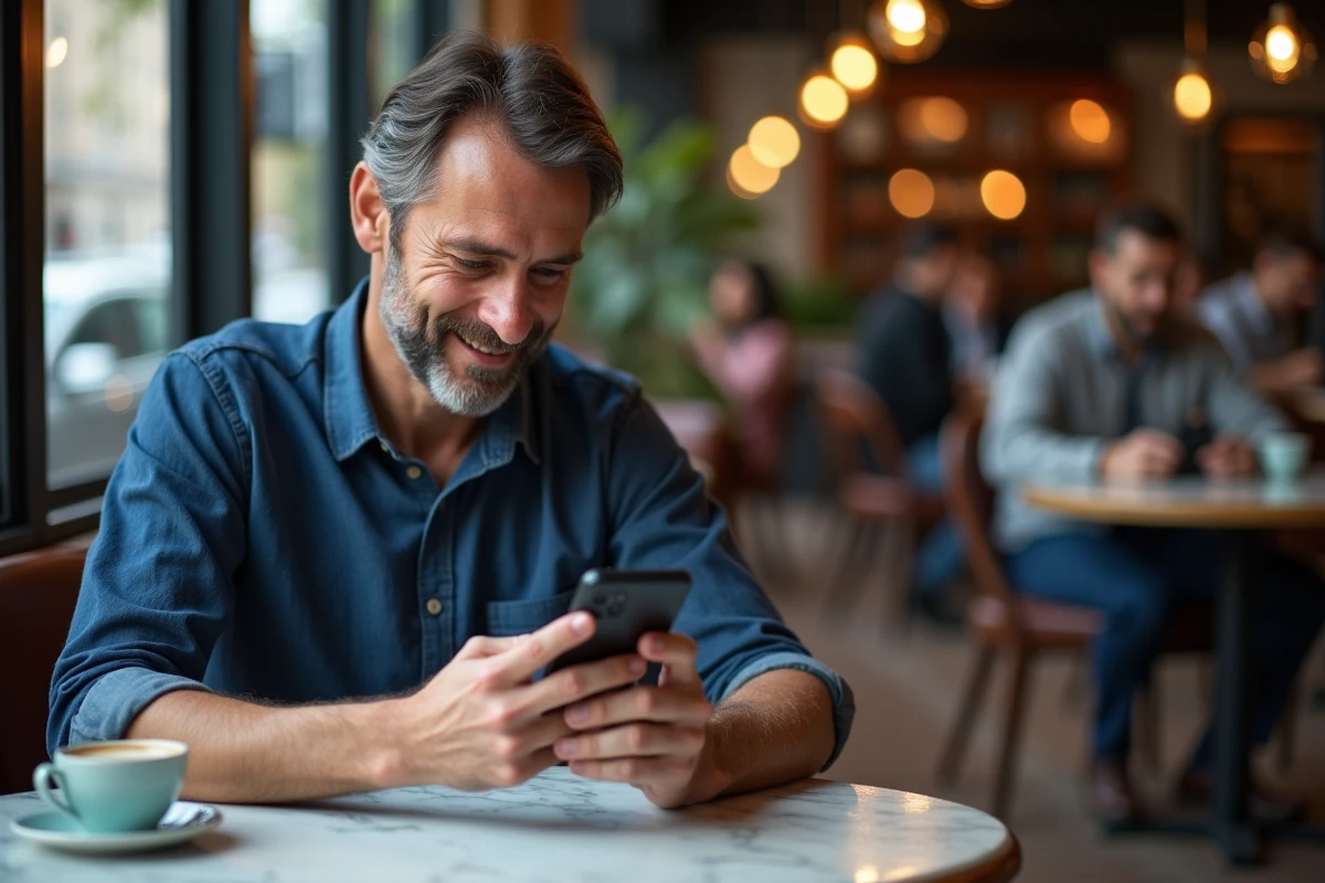 Homme jouant à un jeu de vocabulaire sémantique sur smartphone dans un café urbain