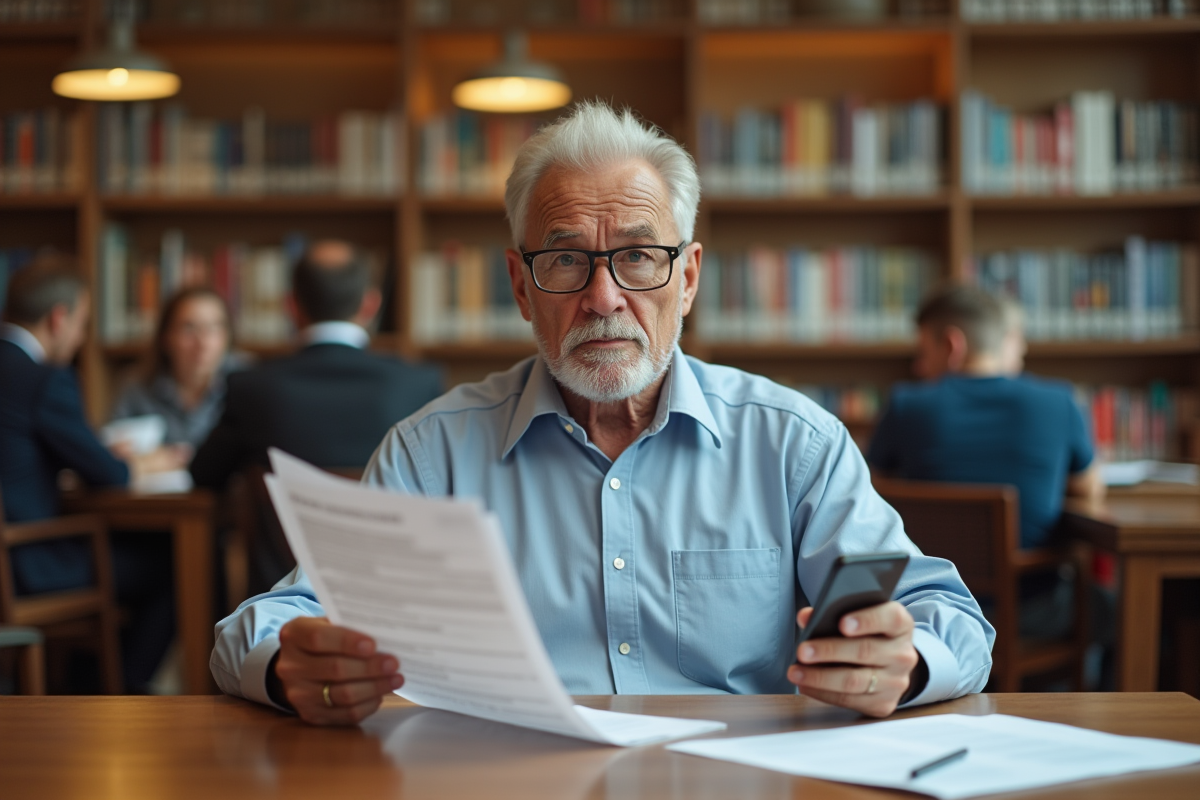 Homme d age dans une bibliothèque avec document et smartphone