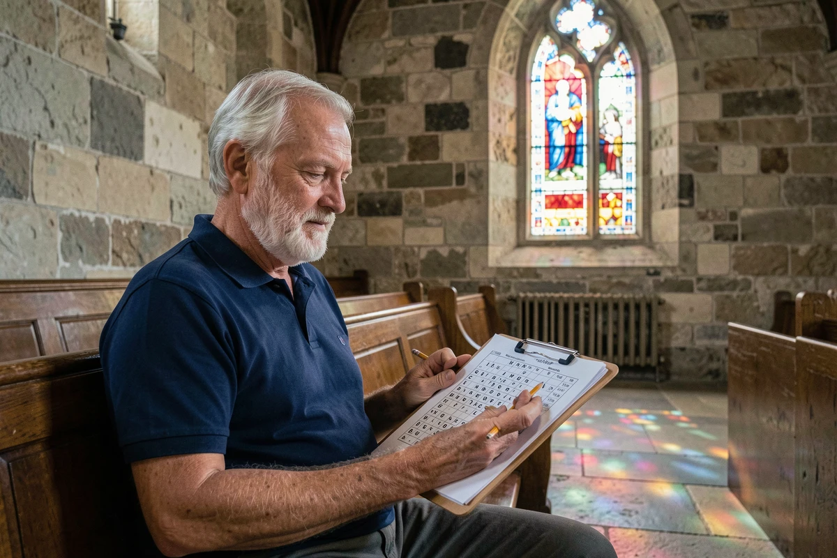 Homme âgé complétant une grille de mots fléchés religieux assis dans une église en pierre