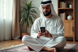 Homme musulman consultant l'horaire de prière sur smartphone dans un appartement en banlieue parisienne