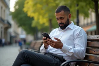 Homme méditant en ville avec smartphone pour prière