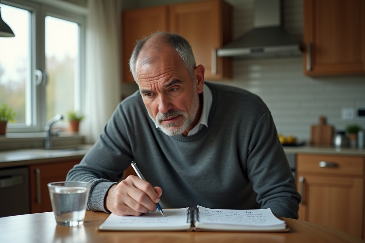 Homme à la table avec notes sur ses symptômes