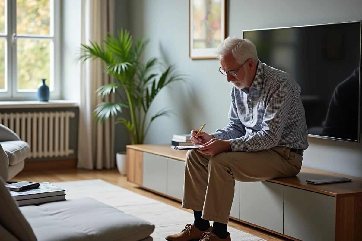 Homme âgé note ses mesures près du téléviseur