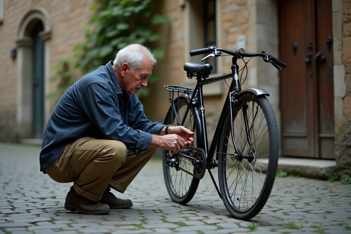 Homme réparant seul son vélo dans une cour pavée, représentant la débrouillardise et l'action autonome