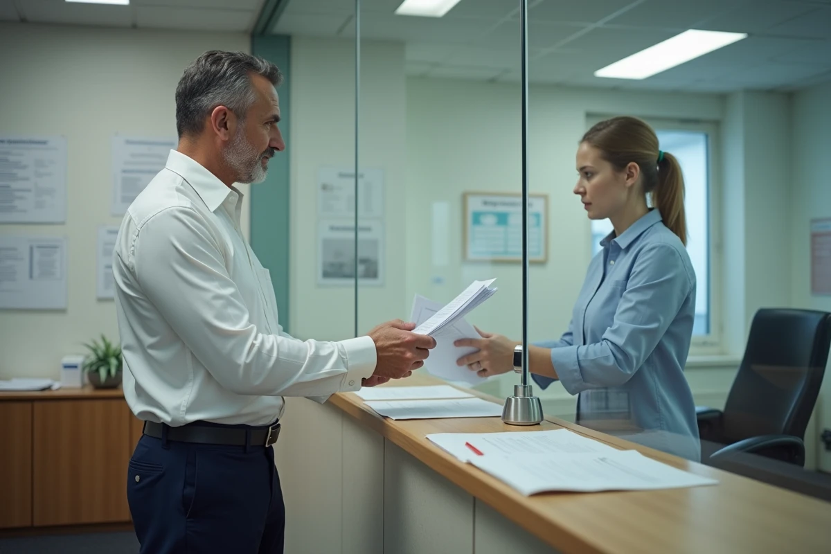 Homme remettant papiers au guichet administratif