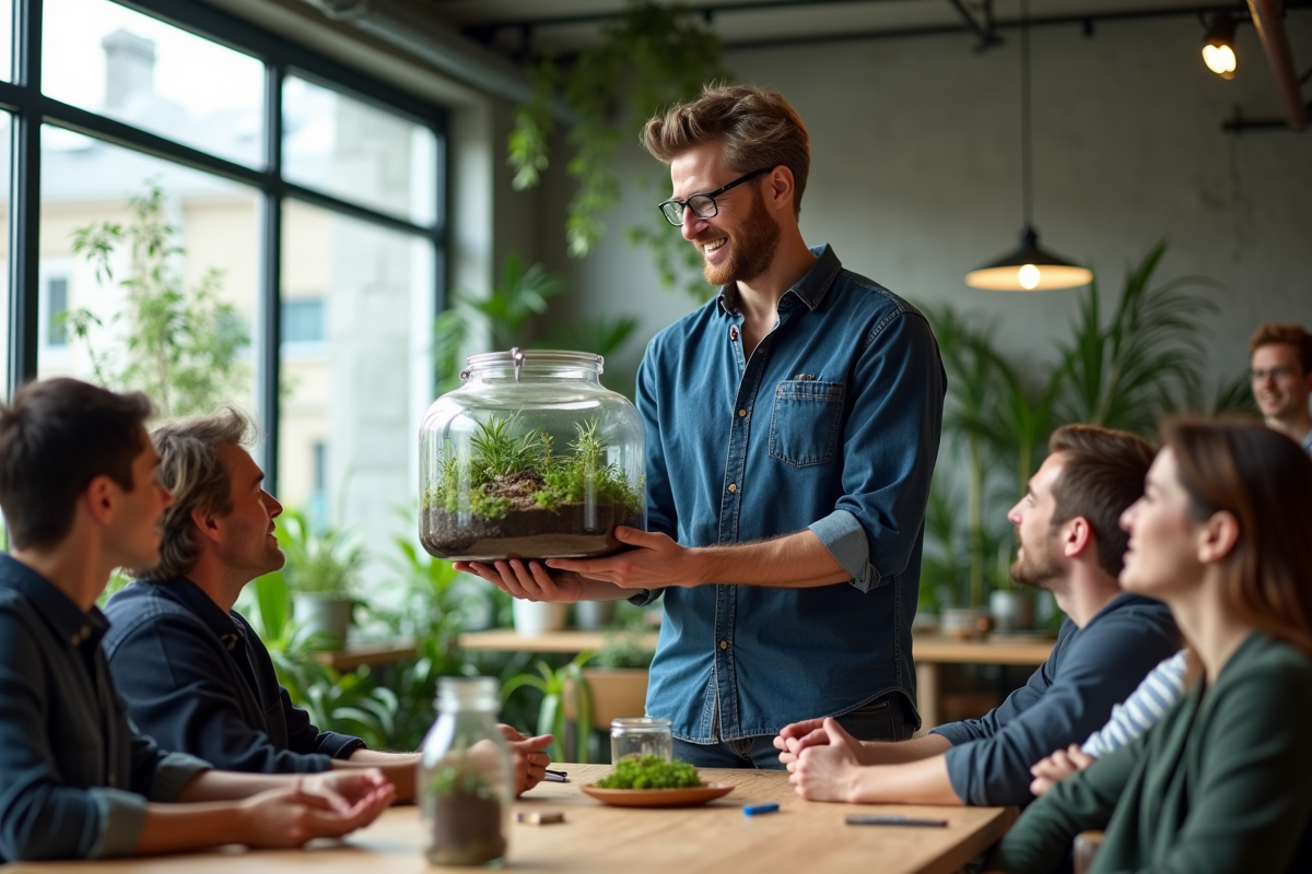Homme montre son terrarium à un groupe dans un espace de coworking