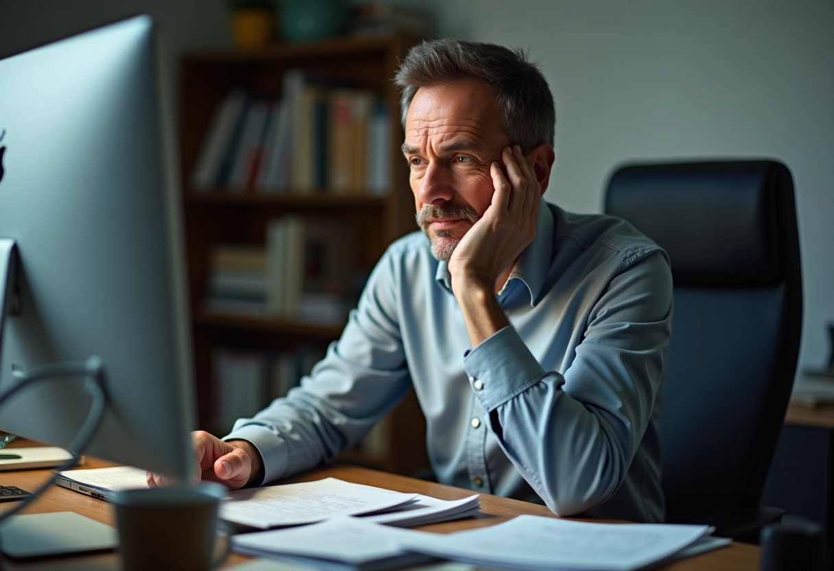 Homme d age au bureau à domicile fatigué