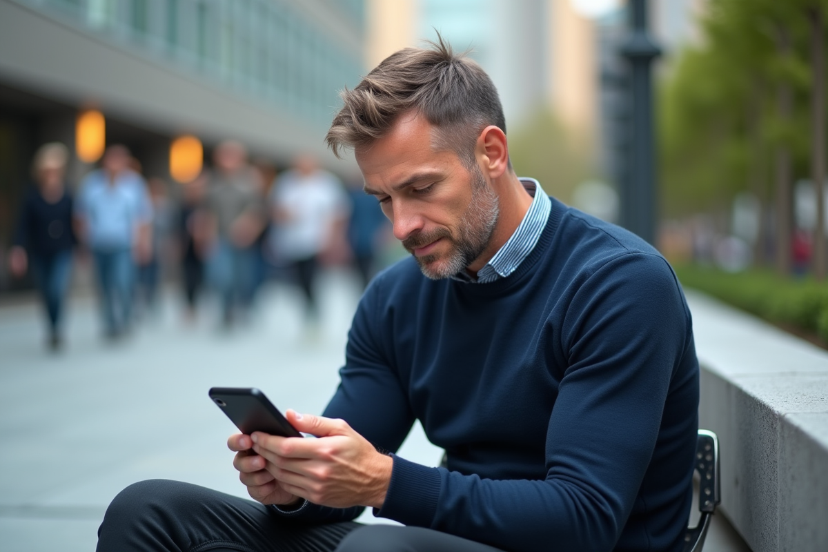 Homme urbain regardant une visualisation de données sur son smartphone